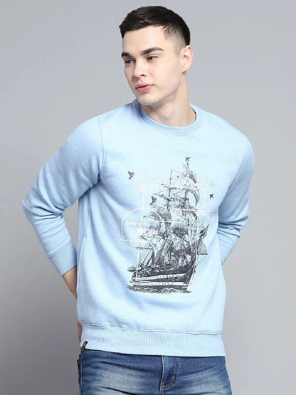 Men Sky Blue Printed Round Neck Full Sleeve Sweatshirt