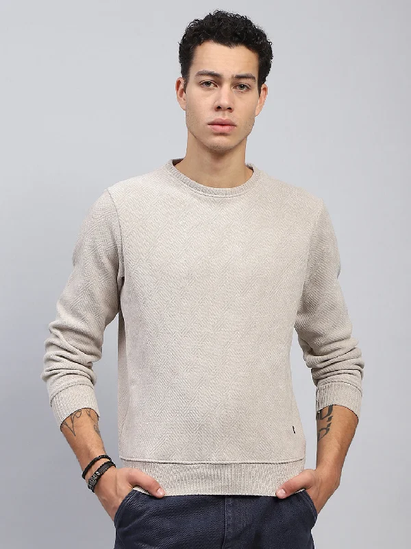 Men Beige Self Design Round Neck Full Sleeve Sweatshirt