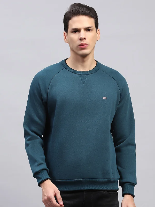 Men Teal Blue Solid Round Neck Full Sleeve Sweatshirt