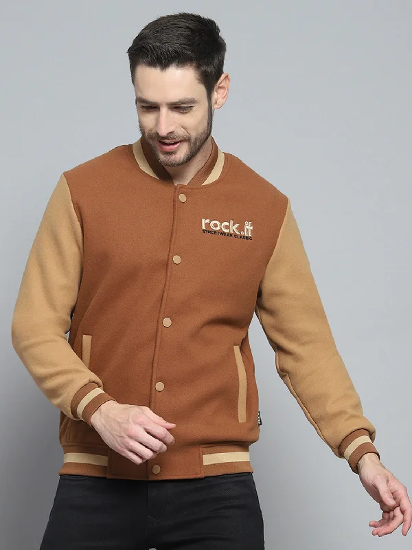 Men Rust Printed Band Collar Full Sleeve Sweatshirt