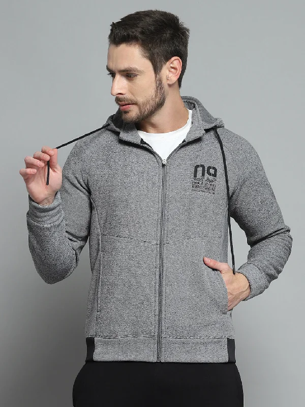 Men Grey Printed Hooded Full Sleeve Sweatshirt