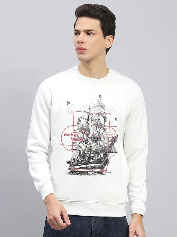 Men White Printed Round Neck Full Sleeve Sweatshirt