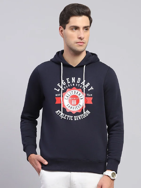 Men Navy Blue Printed Hooded Full Sleeve Sweatshirt