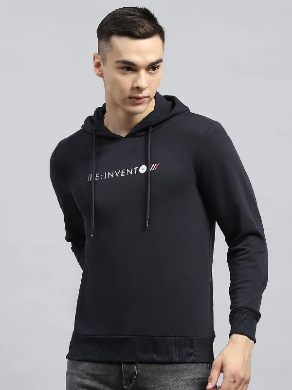 Men Navy Blue Printed Hooded Full Sleeve Sweatshirt