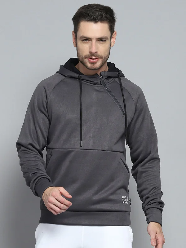 Men Grey Solid Hooded Full Sleeve Sweatshirt