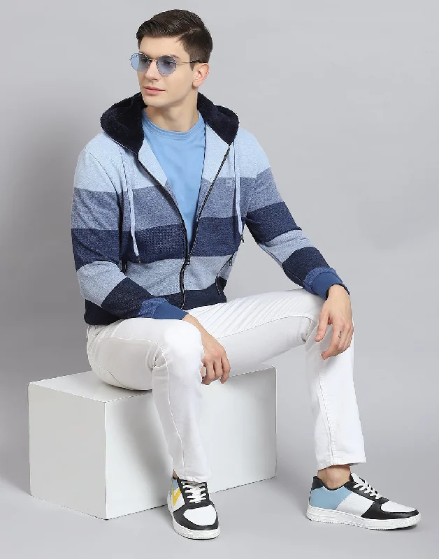 Men Blue Stripe Hooded Full Sleeve Sweatshirt