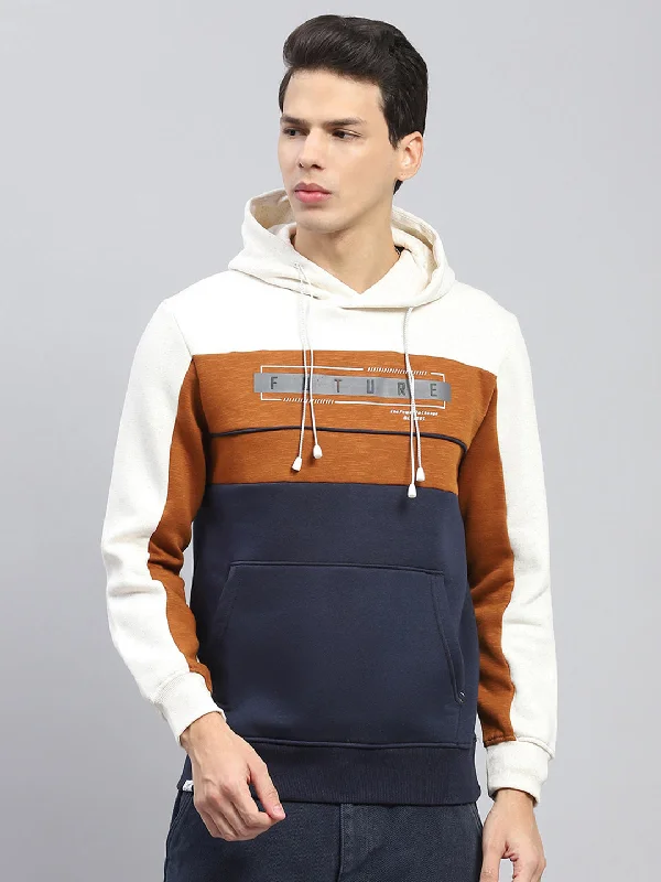 Men White & Rust Printed Hooded Full Sleeve Sweatshirt