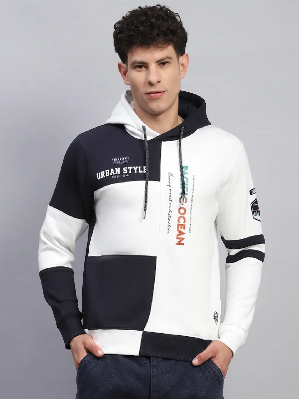 Men White Printed Hooded Full Sleeve Sweatshirt