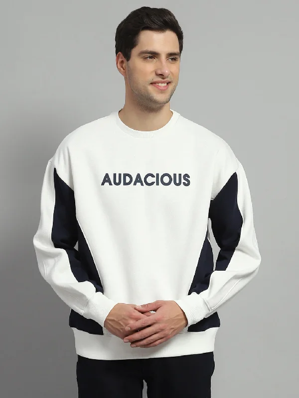 Men White Printed Round Neck Full Sleeve Sweatshirt