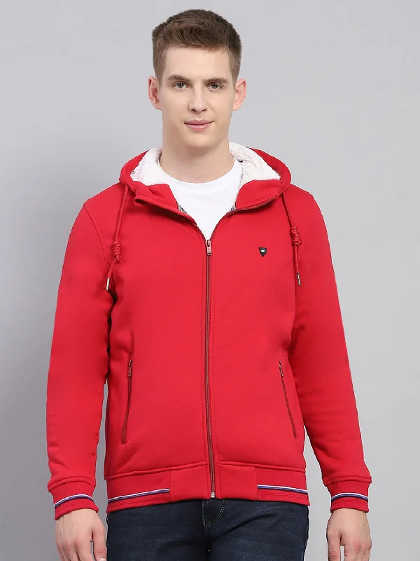 Men Red Solid Hooded Full Sleeve Sweatshirt