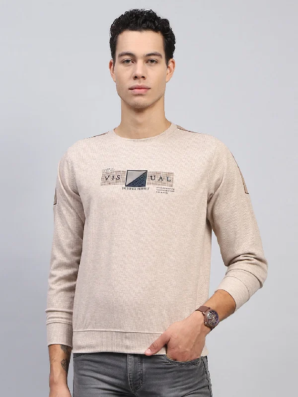 Men Beige Printed Round Neck Full Sleeve Sweatshirt