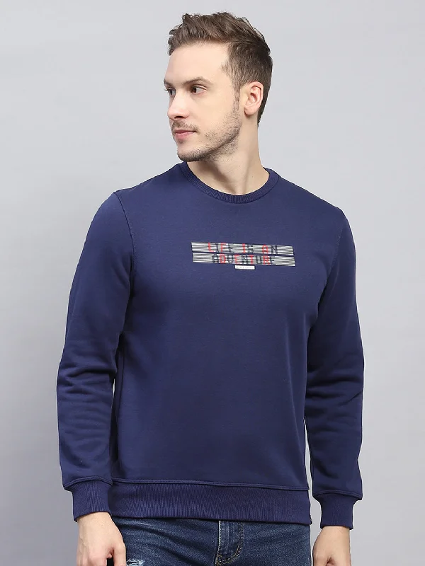 Men Blue Printed Round Neck Full Sleeve Sweatshirt