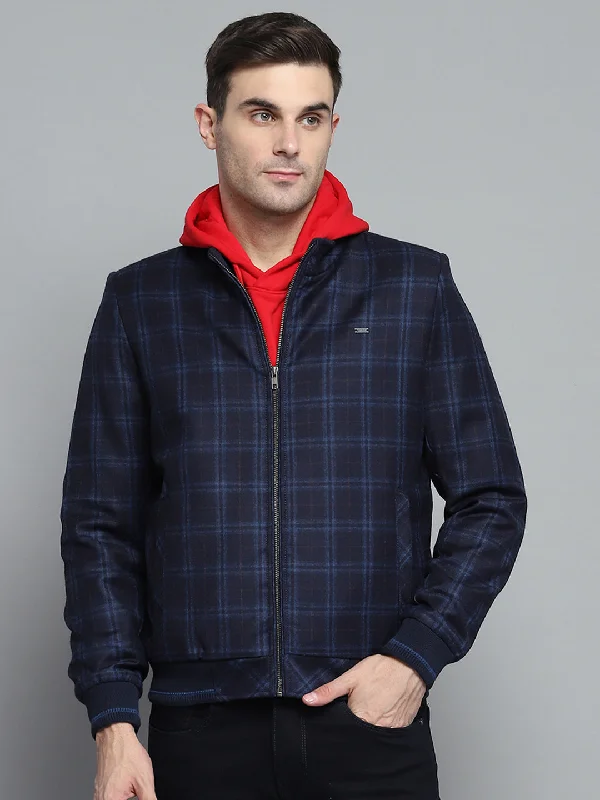 Men Navy Blue Check Mock Neck Full Sleeve Sweatshirt