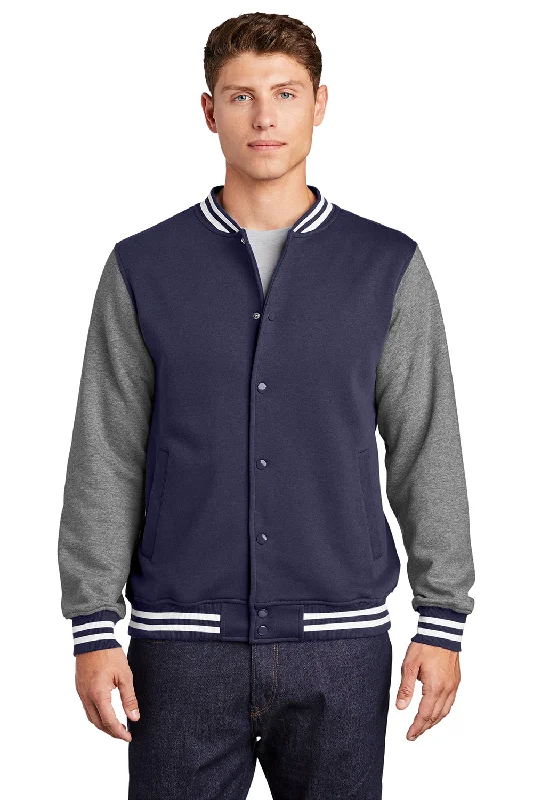 Sport-Tek Mens Snap Down Fleece Letterman Jacket - True Navy Blue/Heather Vintage Grey/White