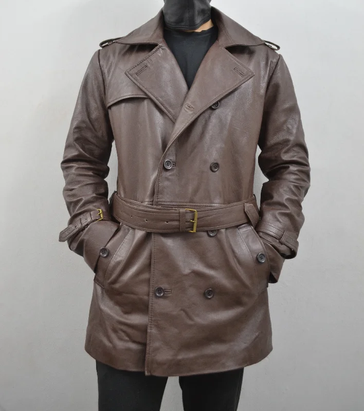 Men's Brown Belted Mid-Length Genuine Sheepskin Leather Trench Coat