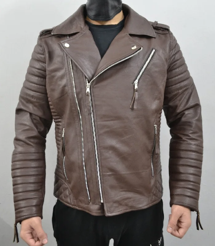 Men's Brando Dark Brown Motorcycle Quilted Genuine Leather Biker Jacket