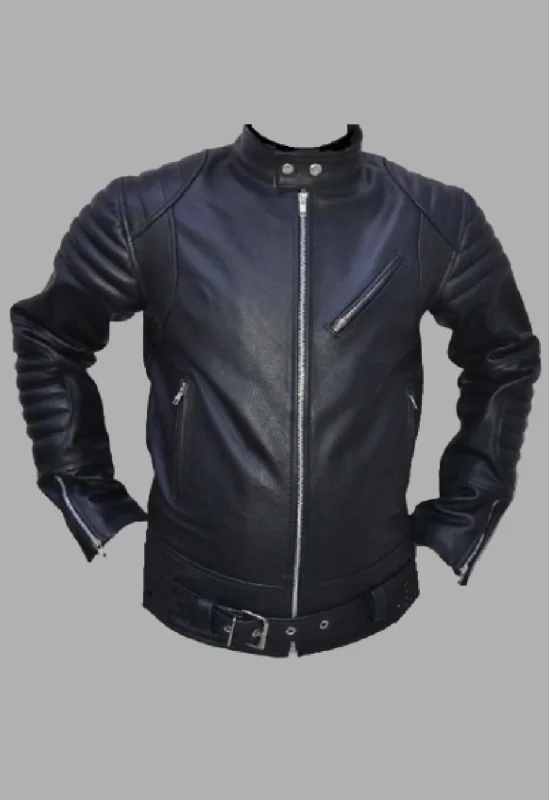 Mens Designer Black Cafe Racer Real Sheepskin Leather Jacket