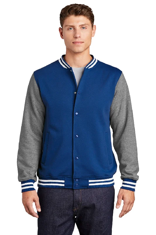 Sport-Tek Mens Snap Down Fleece Letterman Jacket - True Royal Blue/Heather Vintage Grey/White