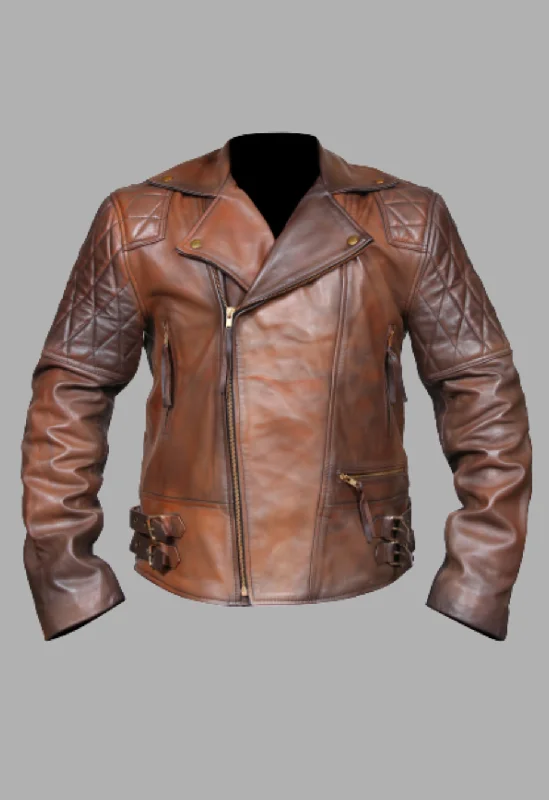 Men’s Classic Diamond Motorcycle Biker Brown Distressed Vintage Leather Jacket