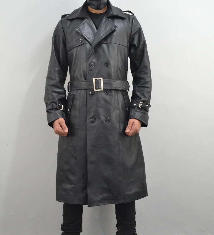 Men's Classic Belted Single Breasted Black Genuine Leather Trench Coat