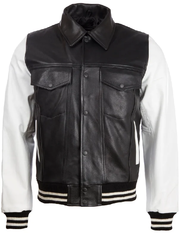 Z2TB Men's Trucker Cow Leather Jacket - Black/White