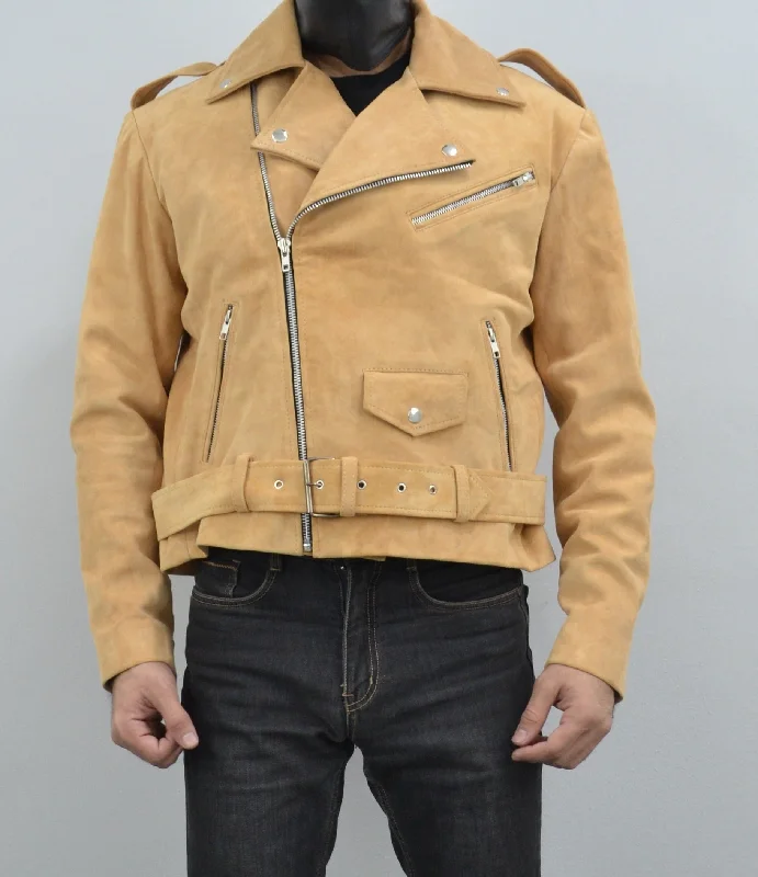 Men's Beige Motorcycle Belted Real Suede Leather Biker Jacket