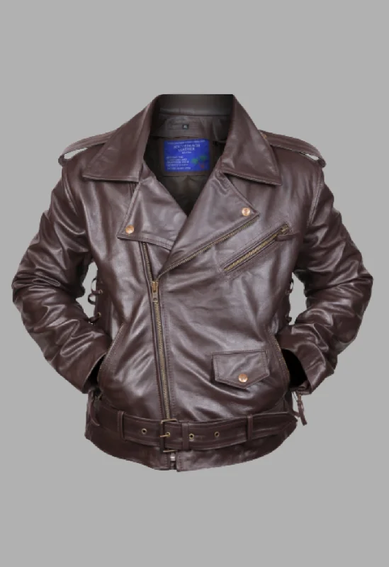 Side Lace-up Brown Motorcycle Biker Leather Jacket