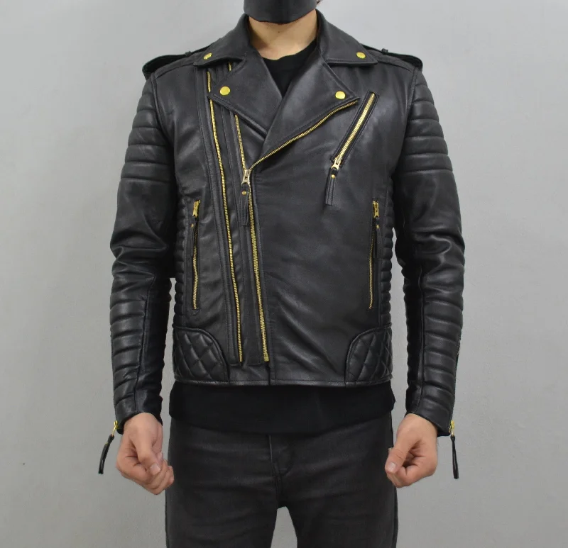 Men's Brando Black Golden Hardware Quilted Padded Genuine Leather Biker Jacket