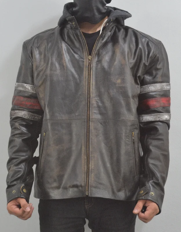 Men's Café Hooded Racer Vintage Black Stripes Leather Jacket