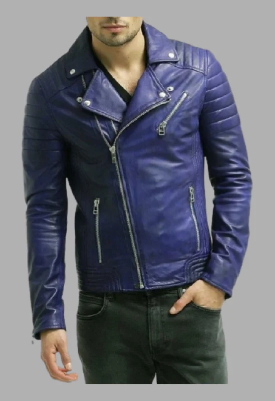 Men's Biker Padded Style Motorcycle Blue Leather Jacket Man's