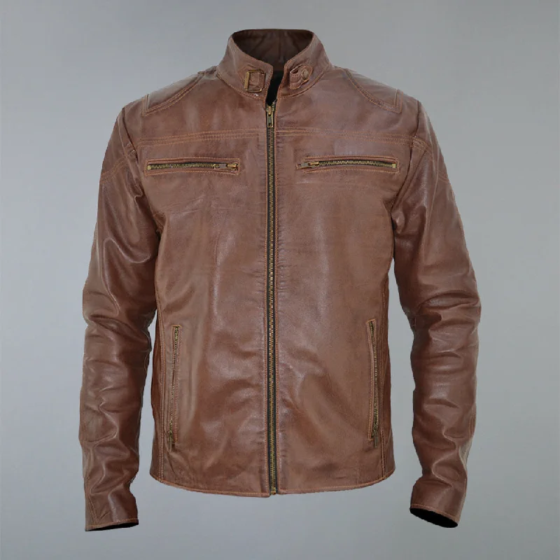 Men's Brown Waxed Cafe Racer Real Sheepskin Leather Jacket