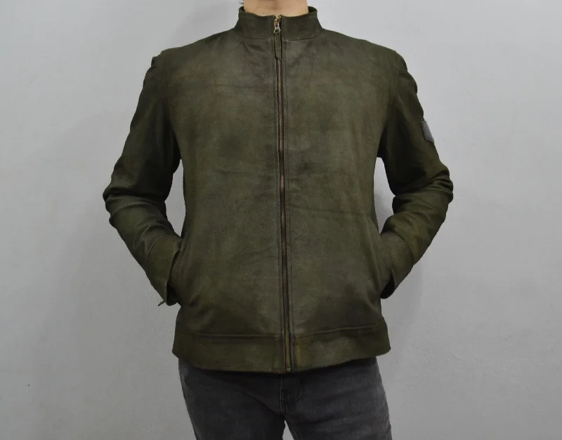 Men's Dark Green Genuine Suede Leather Cafe Racer Jacket