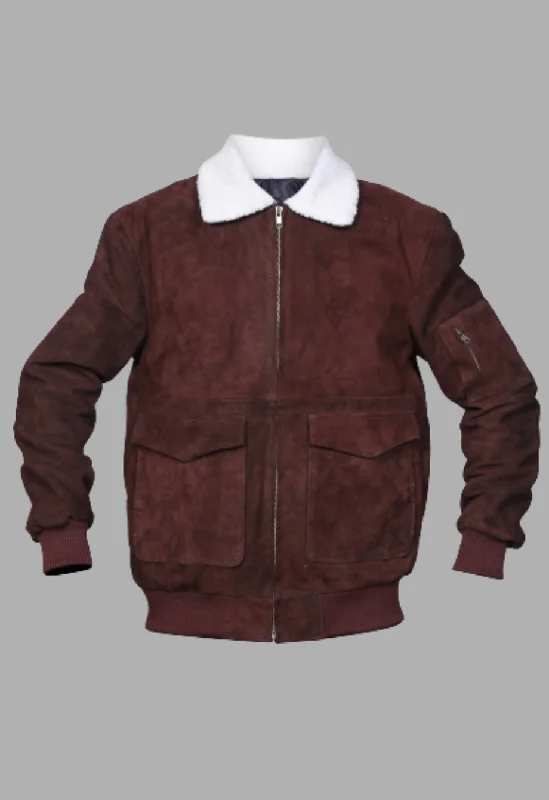 Men's Motorcycle Style Zipper Fur Collar  Suede Leather Jacket